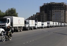 JT Humanitarinės pagalbos konvojus vyksta i&scaron; Damasko į kitus regionus