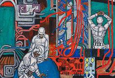 Marija Teresė Rožanskaitė. &bdquo;Mokslininkai II&ldquo;. 1969 m. Kartonas, aliejus, 150x120 cm. 