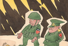 Jono Dociaus 1964 m. sukurta karikatūra &bdquo;Sunaikinę &scaron;iuos ginklus, atrodo, i&scaron;spręsime nusiginklavimo problemą&ldquo;