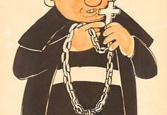 Juozo Kasčiūno 1963 m. sukurta antireliginė karikatūra &bdquo;Teateinie tavo karalystė&ldquo;