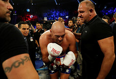 Tysonas Fury ir Tomas Schwarzas bei jų dvikova Las Vegase.