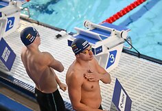Lietuvos plaukikai startavo estafetėje 4 po 50 m kompleksiniu plaukimu. Andrius &Scaron;idlauskas ir Tajus Ju&scaron;ka
