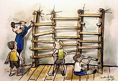 Karikatūromis pažvelgta į vis dar aktualią Lietuvos problemą – padėtį mokyklų sporto salėse.