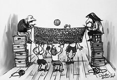 Karikatūromis pažvelgta į vis dar aktualią Lietuvos problemą – padėtį mokyklų sporto salėse.