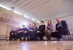 Spektaklio „#beskambučio“ spaudos konferencijos akimirka