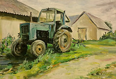 Dailininkės Dianos Zviedrienės tapyti traktoriai