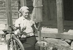 Ona Černiauskienė verpia linus Poškonių kaimas 1951. Fot. Vacys Milius