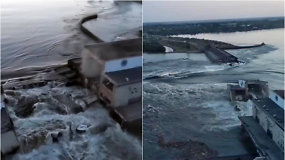Susprogdinta Ukrainos hidroelektrinė: dėl didžiulio potvynio pastatai nugrimzdo po vandeniu