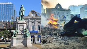 Ūkininkai Briuselyje degino šieno rulonus, nuvertė statulą ir bandė nupjauti medį