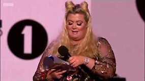 Gemma Collins falls onstage at the BBC Radio 1's Teen Awards.