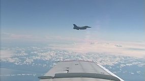 Maskva paskelbė vaizdo įrašą, kaip NATO naikintuvas lydėjo S.Šoigu lėktuvą
