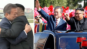 Kim Jong Unas oro uoste šiltai sutiko į Pchenjaną atvykusį Pietų Korėjos prezidentą