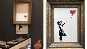 Banksy pokštas: savaime susinaikino aukcione už 1,4 mln. dol. parduotas grafitininko paveikslas