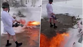 Internete žaibiškai paplito vaizdo įrašas, kaip chalatu apsirengęs vyras tirpdo sniegą liepsnomis