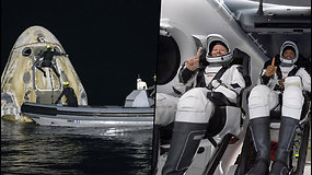 JAV astronautai „SpaceX“ erdvėlaiviu grįžo į Žemę – kapsulė nusileido ant vandens