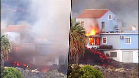 Gyventojai užfiksavo, kaip La Palmos saloje dega jų namas – pasiekė besiliejanti lava