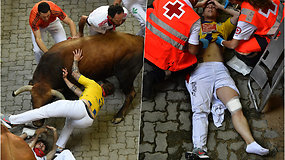 Ispanijoje per bėgimą su buliais subadyti žmonės – vieną bėgiką gyvūnas keliskart pametėjo ragais į orą