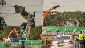 Okupantų paminklo išmontavimas Pardaugavoje – nuversta moters statula