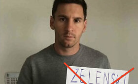 Internete plinta nuotrauka, kurioje Lionelis Messi esą laiko lapą su necenzūriniu palinkėjimu Volodymyrui Zelenskiui