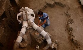 Archeologai dirba prie mamuto skeleto, rasto Meksikoje
