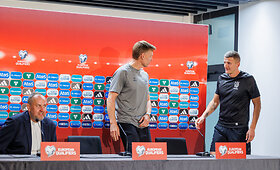 Futbolo rinktinės spaudos konferencija prie&scaron; rungtynes su Nyderlandais