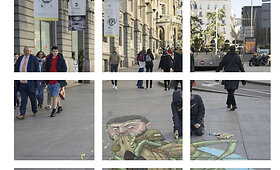 Internete vėl pasirodė tariamai ant &scaron;aligatvio nupie&scaron;ta Volodymyro Zelenskio karikatūra, &scaron;įkart &ndash; Madride