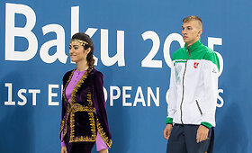 Europos žaidinių 100 metrų krūtine plaukimo rungties apdovanojimų ceremonija