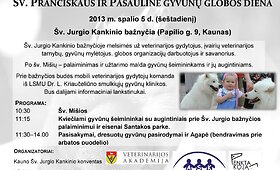 &Scaron;v. Pranci&scaron;kaus ir Pasaulinės gyvūnų globos dienos minėjimas Kaune spalio 5 d.