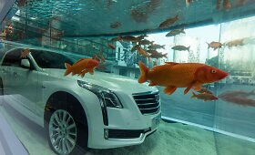 Naujasis &bdquo;Cadillac CT6&ldquo; Kinijoje pristatomas žuvų pilname akvariume