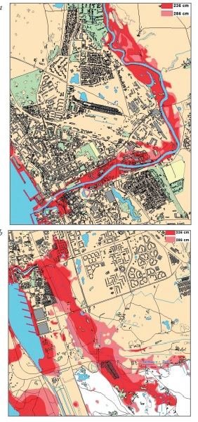 Leidinio „Klimato kaita: prisitaikymas prie jos poveikio Lietuvos pajūryje“ schema/Raudoni plotai rodo, kaip blogiausio scenarijaus atveju išsilietų Danės upės Klaipėdoje