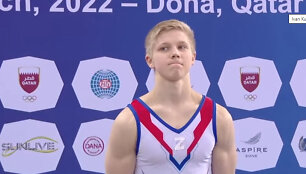 Ivanas Kuliakas per gimnastikos varžybas pademonstravo Rusijos karinės agresijos prie&scaron; Ukrainą simbolį &ndash; Z raidę. &Scaron;is simbolis dabar dažnai lyginamas su nacių simboliu svastika.