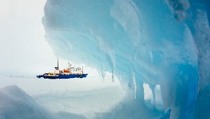Ledynuose prie Antarktidos įstrigęs laivas &bdquo;MV Akademik &Scaron;okalskij&ldquo;.