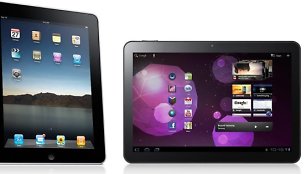 „Apple“ planšetinis kompiuteris „iPad 2“ (kairėje) ir „Samsung“ konkurentas „Galaxy Tab 10.1“.