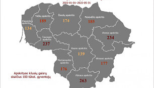 Apskrityse kilusių gaisrų skaičius 100 tūkst. gyventojų