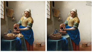 Johannes Vermeer paveikslas ir prancūzų menininko &bdquo;patobulinta&ldquo; jo versija
