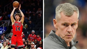Matas Buzelis (kairėje) ir &bdquo;Chicago Bulls&ldquo; treneris Billy Donovanas (de&scaron;inėje)