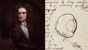 Isaacas Newtonas (Godfrey Knellerio 1702 m. tapytas portretas) ir jo rankra&scaron;tis, kuriame Newtonas apra&scaron;o adatos už akies obuolio eksperimentą
