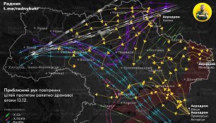 Ukrainos pajėgos parodė apytikslį Rusijos raketų ir dronų kelią per masinį puolimą prieš šalies energetikos sektorių