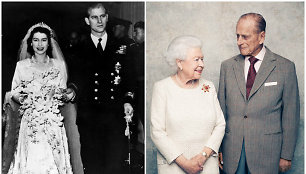 Karalienė Elizabeth II ir princas Philipas savo vestuvių dieną 1947 metais ir 2017-aisiais, per platininį santuokos jubiliejų