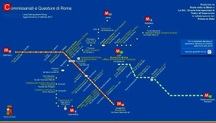 Žemėlapyje pažymėtos Italijos sostinės metropoliteno stotelės ir arčiausiai jų esančios policijos nuovados.