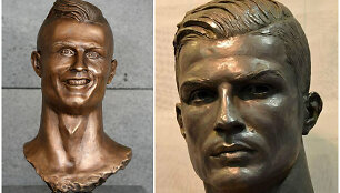 Cristiano Ronaldo skulptūra Madeiros oro uoste (kairėje) ir Madrido &bdquo;Real&ldquo; muziejuje (de&scaron;inėje)