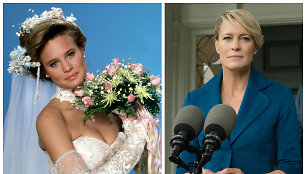 Robin Wright serialuose „Santa Barbara“ (1984-1988 m.) ir „Kortų namelis“ (2016 m.)