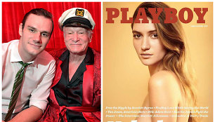 Hugh Hefneris su sūnumi Cooperiu Hefneriu bei naujasis „Playboy“ viršelis