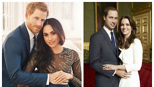 Sužadėtiniai: princas Harry ir Meghan Markle (2017 m. gruodis) bei princas Williamas ir Kate Middleton (2010 m. gruodis)