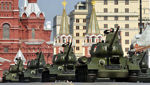 Russian T-34 tanks drive through Red Square during the Victory Day parade in Moscow on May 9, 2010. Troops from four NATO states marched through Red Square for the first time Sunday as Russia marked victory in World War II with its biggest military parade since the collapse of the Soviet Union. AFP 