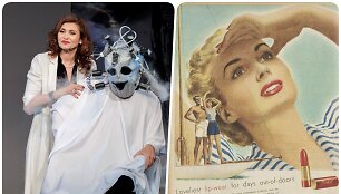 Spektaklio &bdquo;Madam Rubin&scaron;tein&ldquo; akimirka ir iliustracija i&scaron; 1950&ndash;1960 m. laikra&scaron;čių: Helenos Rubin&scaron;tein firmos reklama