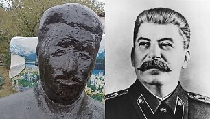 Josifas Stalinas (de&scaron;inėje) ir vienas i&scaron; paminklų jam Rusijoje