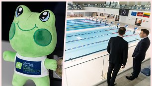 V.Bankunskas ir S.Binevičius pristatė Lazdynų baseine vyksiančio Europos jaunimo plaukimo čempionato skaičius ir žaislinį telismaną.