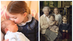 Princesė Charlotte ir princas Louisas, nuotraukoje kairėje - karalienė Elizabeth II, princesė Charlotte, Savannah Phillips, princas George'as