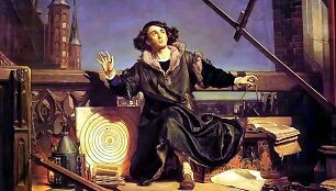 Jano Mateikos (Jan Matejko) 1873 m. nutapytame paveiksle Mikalojus Kopernikas vaizduojamas kaip dramati&scaron;ka asmenybė, mėginanti perprasti visatos paslaptis. &Scaron;altinis: newhistorian.com 